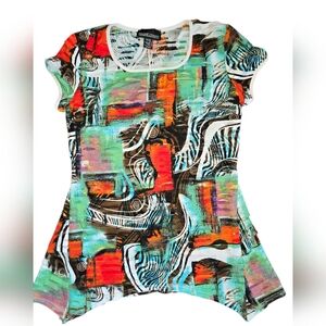 Frank Lyman Design Turquoise, Orange & Black Abstract Print Tunic